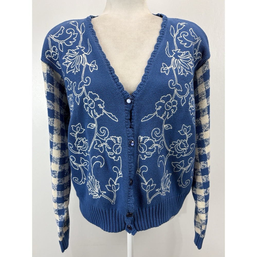 Vtg Liz Golf Cardigan Sweater Sz Medium Women's Blue Floral Gingham Cottagecore